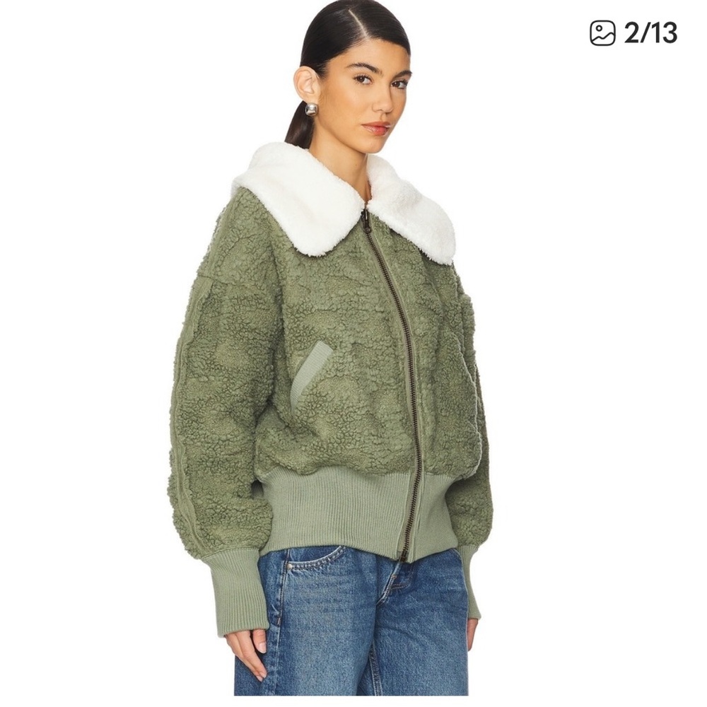 Free People Faux Sherpa Bomber Jacket in Kelp Green with Cream Collar - Picture 2 of 3
